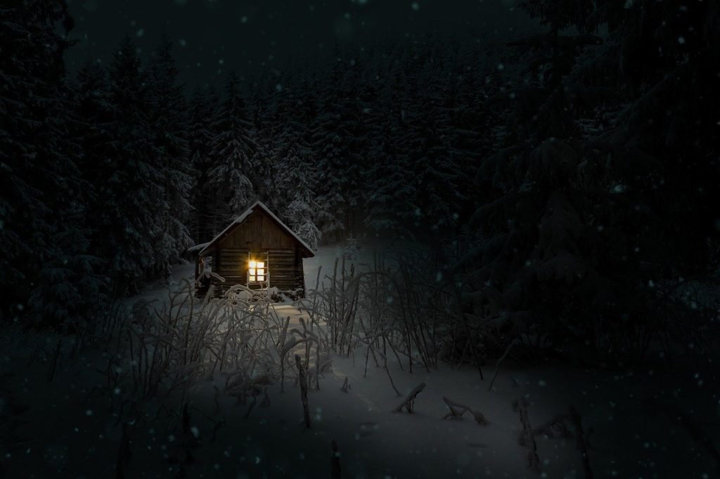 cabin, winter, night